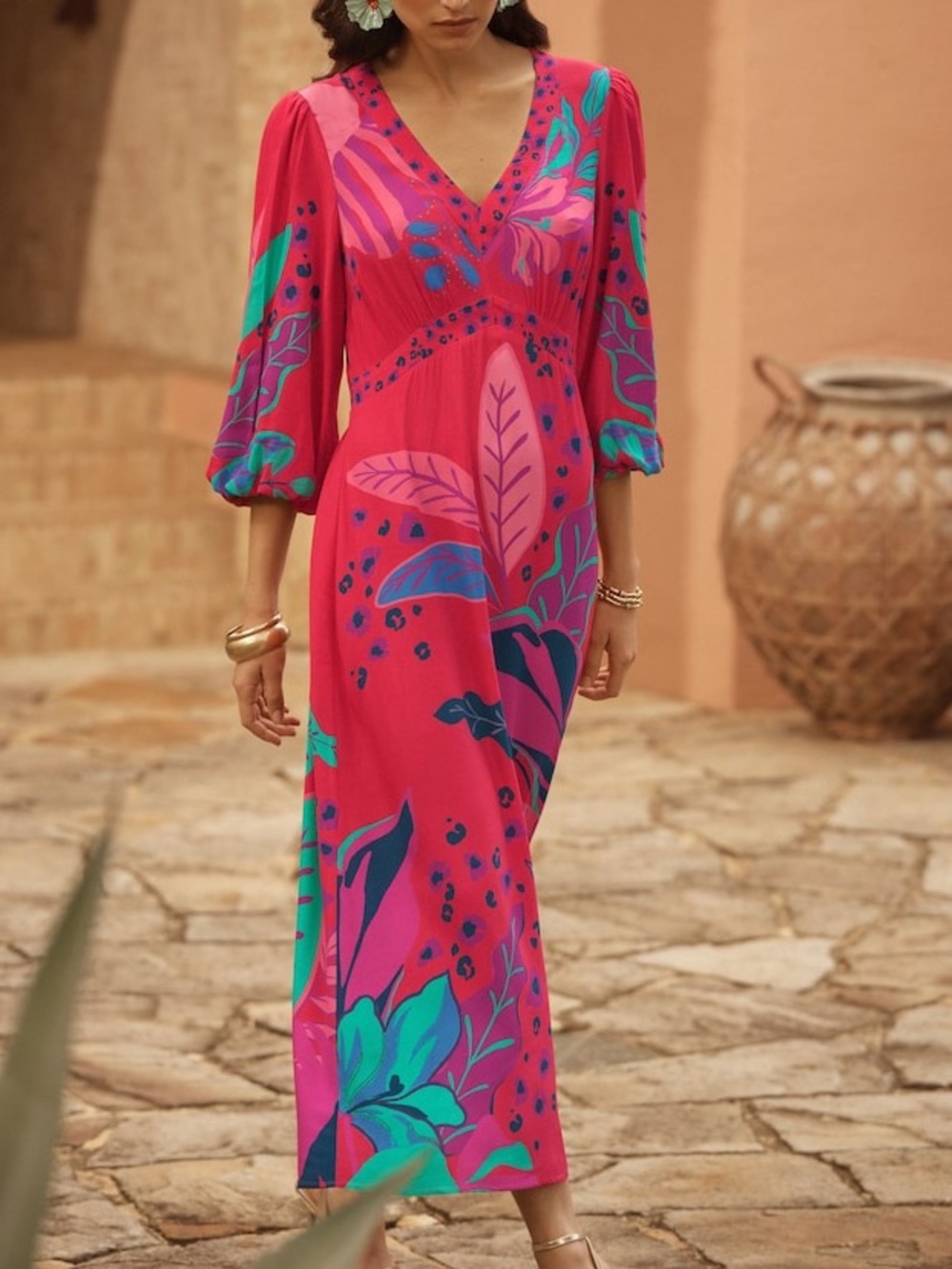 NWT Love & Roses Red Balloon Sleeve V-Neck Brazilia Print Midi Dress Sz 8